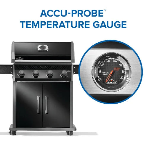 Napoleon Rogue 525 Premium 4-Burner Gas Grill in Sleek Black features porcelainized cast iron cooking grids for even heat distribution, sear marks, and moisture retention, along with four powerful stainless steel burners and dual-level stainless steel sear plates to capture drippings and enhance flavor.