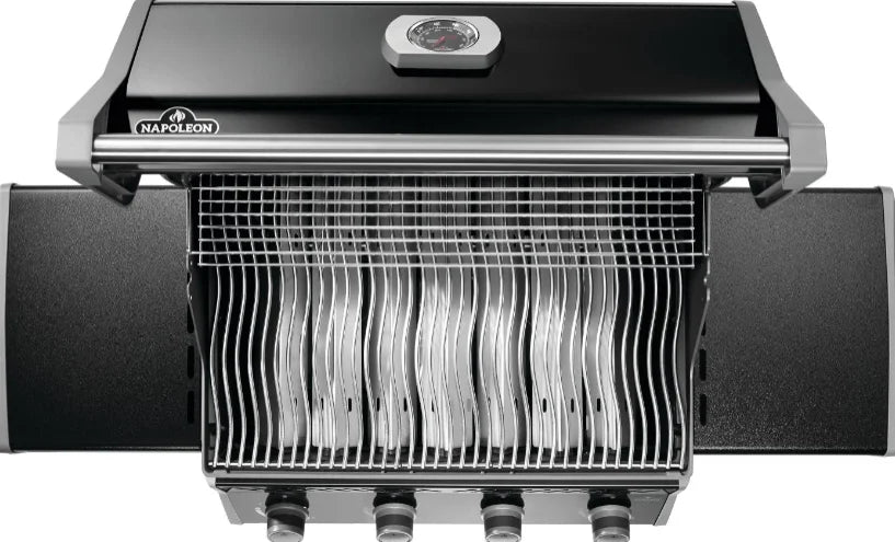 Napoleon Rogue 525 Premium 4-Burner Gas Grill in Sleek Black features four stainless steel main burners delivering 48,000 BTUs of even heat, along with porcelainized cast iron WAVE cooking grids and durable black finish for exceptional performance and style.