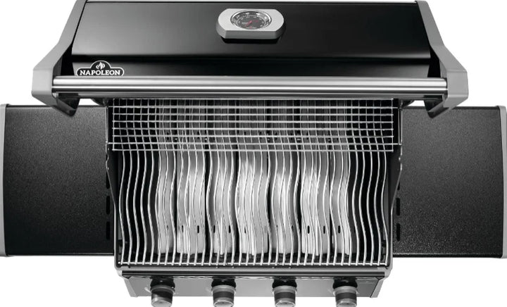 Napoleon Rogue 525 Premium 4-Burner Gas Grill in Sleek Black features four stainless steel main burners delivering 48,000 BTUs of even heat, along with porcelainized cast iron WAVE cooking grids and durable black finish for exceptional performance and style.
