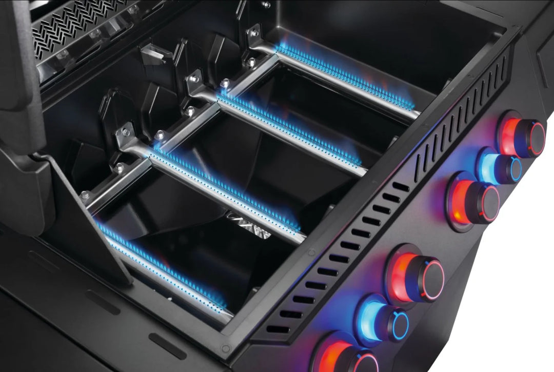 Napoleon Phantom Prestige 500 Series RSIB Gas Grill features sleek matte black finish, Wi-Fi & Bluetooth connectivity, LCD display, and smart technology for seamless grilling control, along with cast stainless steel cooking grids and powerful infrared burners.
