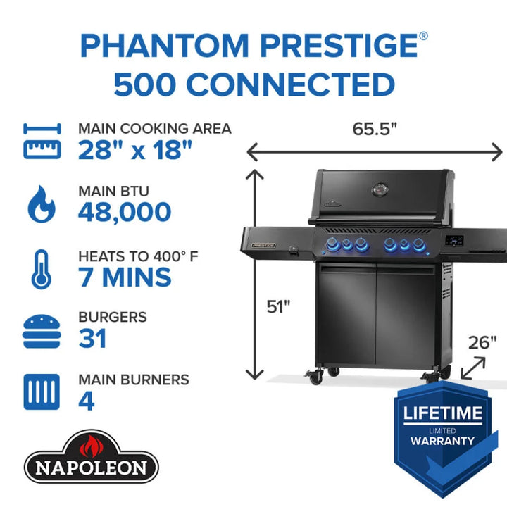 Napoleon Phantom Prestige 500 Series RSIB Gas Grill in sleek matte black finish features Wi-Fi and Bluetooth connectivity, LCD display, and pro-level cooking grids for backyard chefs.
