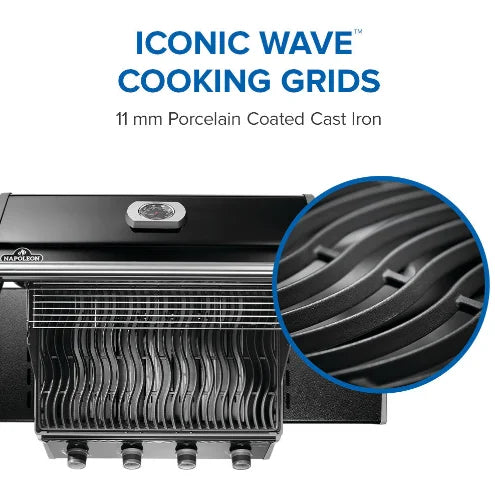 Napoleon Rogue 525 Premium 4-Burner Gas Grill in Sleek Black features four powerful stainless steel burners, porcelainized cast iron WAVE cooking grids, and durable black finish with space-saving folding side shelves.
