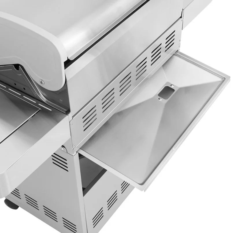 Monument Grills Classic Series 4-Burner Stainless Steel Gas Grill with polished stainless-steel design, four main burners, side burner, sear zone, and LED-lit control knobs for outdoor cooking versatility and durability.