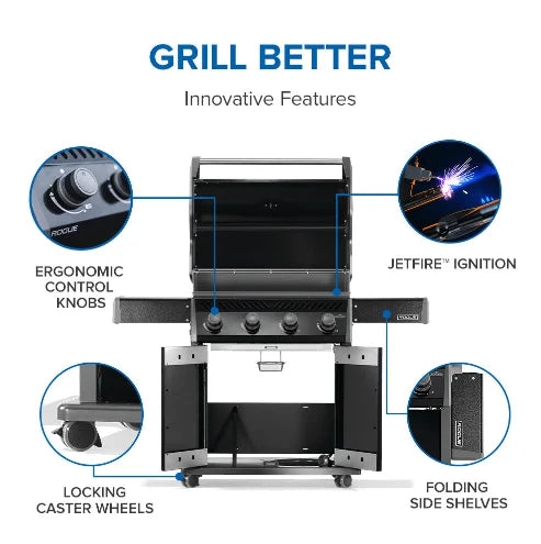 Napoleon Rogue 525 Premium 4-Burner Gas Grill in Sleek Black features porcelain enamel lid, powder-coated body, and stainless steel burners for precise heat control and even cooking.