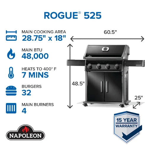 Napoleon Rogue 525 premium 4-burner gas grill in sleek black features four stainless steel burners, porcelainized cast iron WAVE cooking grids, and dual-level sear plates for precise heat control and enhanced flavor.