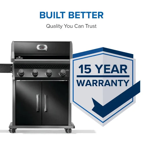 Napoleon Rogue 525 - Premium gas grill with sleek black porcelain enamel lid, powder-coated body, and four stainless steel burners delivering precise heat control for up to 32 burgers.