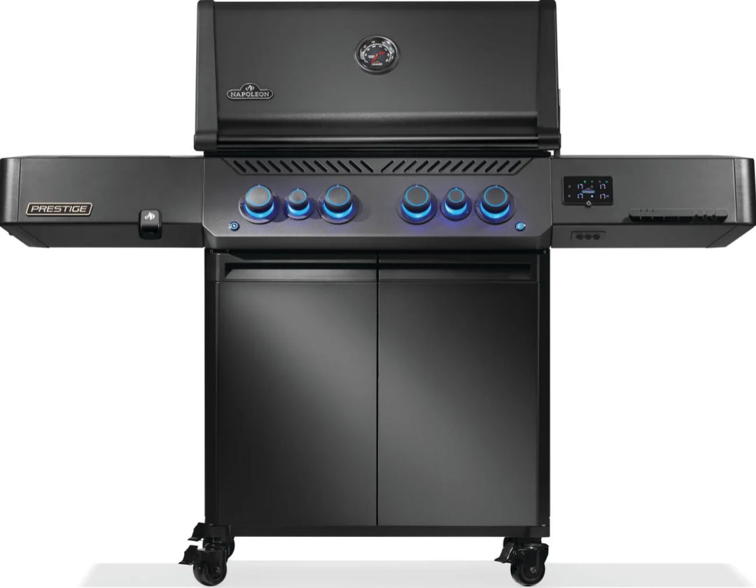 Napoleon Phantom Prestige 500 Series RSIB Gas Grill, sleek matte black finish, smart technology, Wi-Fi, Bluetooth connectivity, cast stainless steel cooking grids, large infrared rear rotisserie burner and side burner.