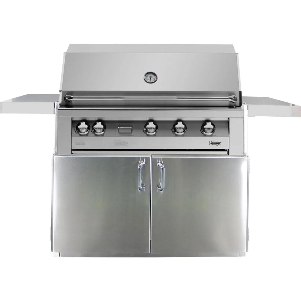 Vintage Grills 42-Inch Freestanding Gas Grill on Standard Cart features heliarc-welded stainless steel construction, three powerful burners, dedicated smoker system, and integrated rotisserie for versatile outdoor cooking.