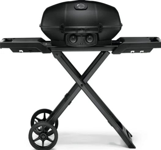 Napoleon Phantom TravelQ PRO 285 Portable Gas Grill with Scissor Cart: Sleek matte black finish, high-top lid, two stainless steel burners, removable warming rack, and scissor cart with all-terrain wheels for effortless transport and compact storage.