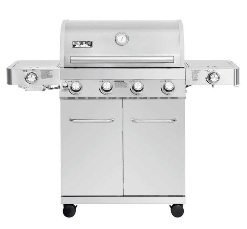 Monument Grills Classic Series 4-Burner Stainless Steel Gas Grill - Polished stainless-steel design with four main burners producing 72,000 BTUs and 723 sq in total cooking area.