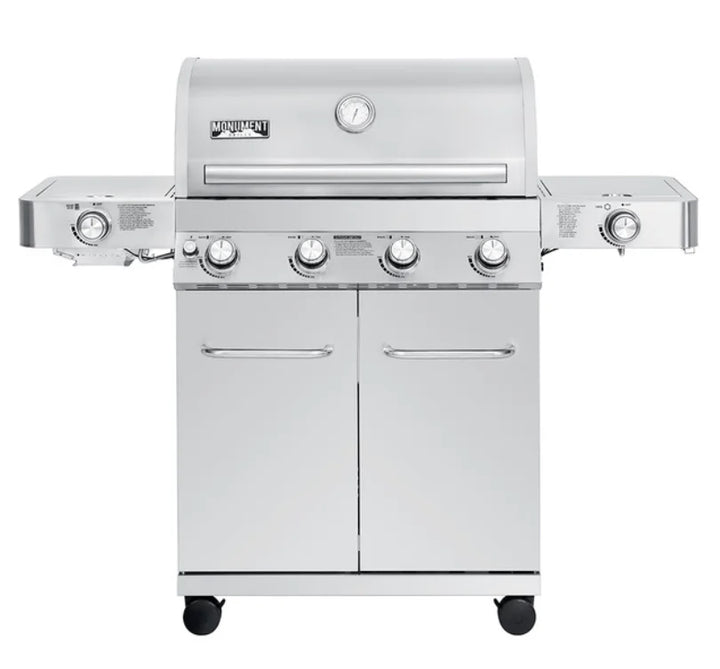 Monument Grills Classic Series 4-Burner Stainless Steel Gas Grill - Polished stainless-steel design with four main burners producing 72,000 BTUs and 723 sq in total cooking area.