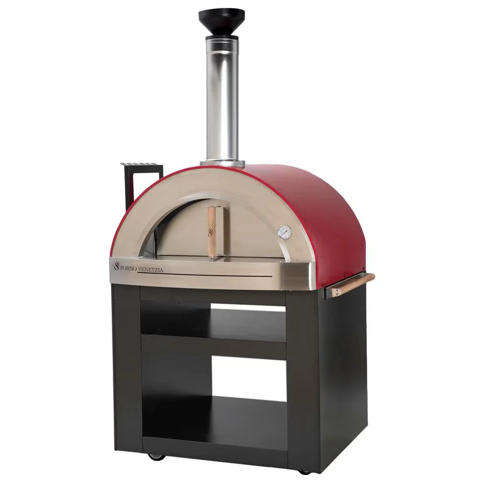 Forno Venetzia Torino 300 Red, freestanding wood-fired oven with 32" x 24" cooking surface, firebrick hearth, and powder-coated cart for professional-grade Italian-inspired cooking.