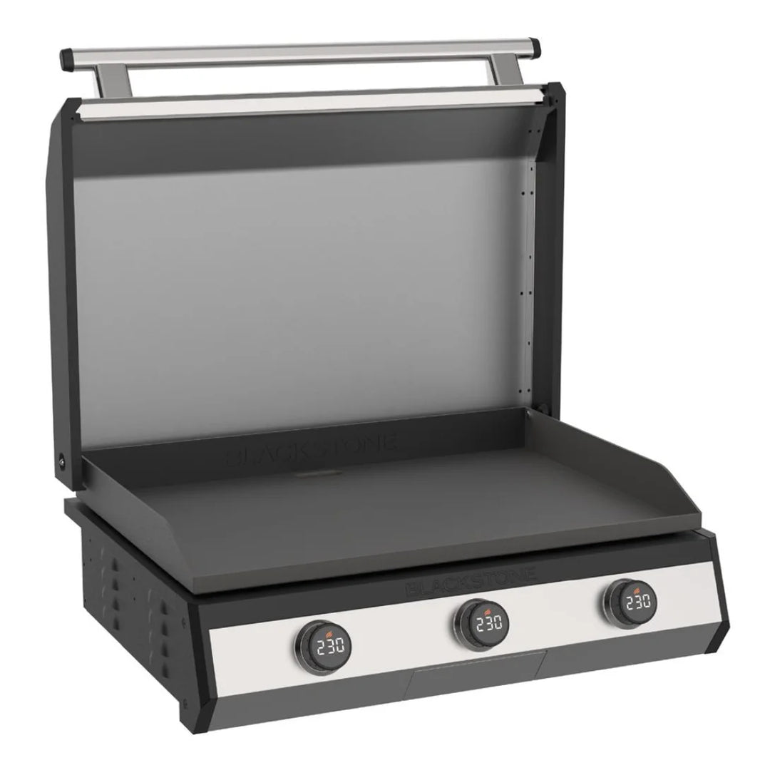 Blackstone 30” Electric Drop-In Griddle featuring three independently controlled heat zones with digital temperature readouts for precise cooking control and even heat distribution across its stainless steel Omnivore Griddle Plate.
