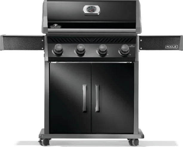 Napoleon Rogue® 525 – Premium 4-Burner Gas Grill in Sleek Black featuring stainless steel burners, WAVE™ porcelainized cast iron cooking grids, and durable black finish with folding side shelves and JETFIRE ignition system.