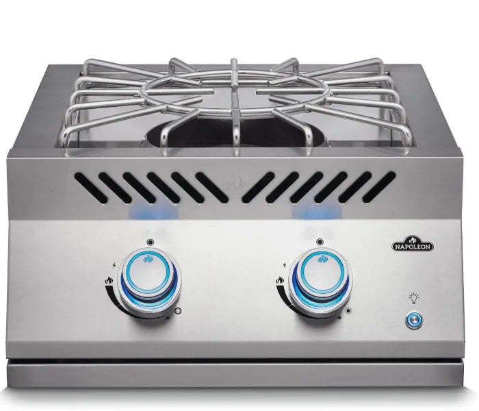 Napoleon Built-in 700 Series Power Burner with stainless steel cover, delivering 60,000 BTUs of two-stage heat control for versatile outdoor cooking.