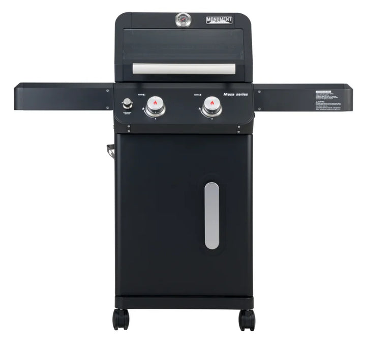 Compact Monument Grills M220 Mesa Series gas grill in black powder-coated steel design with two burners delivering 30,000 BTUs of heat output.