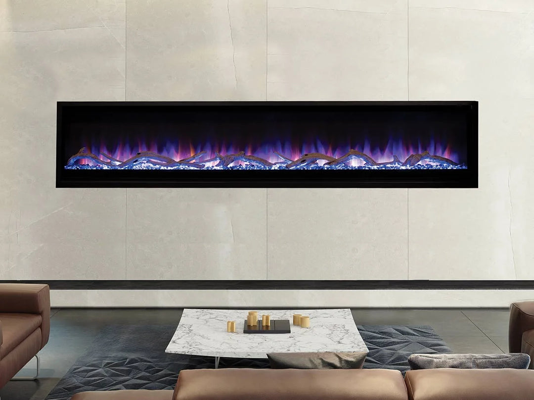 Superior ERL3000 Electric Fireplace in smoked crystal ember bed with driftwood log accents, featuring yellow and blue dual-colored flames, multi-colored LED ember bed lighting, and adjustable ceiling lighting.