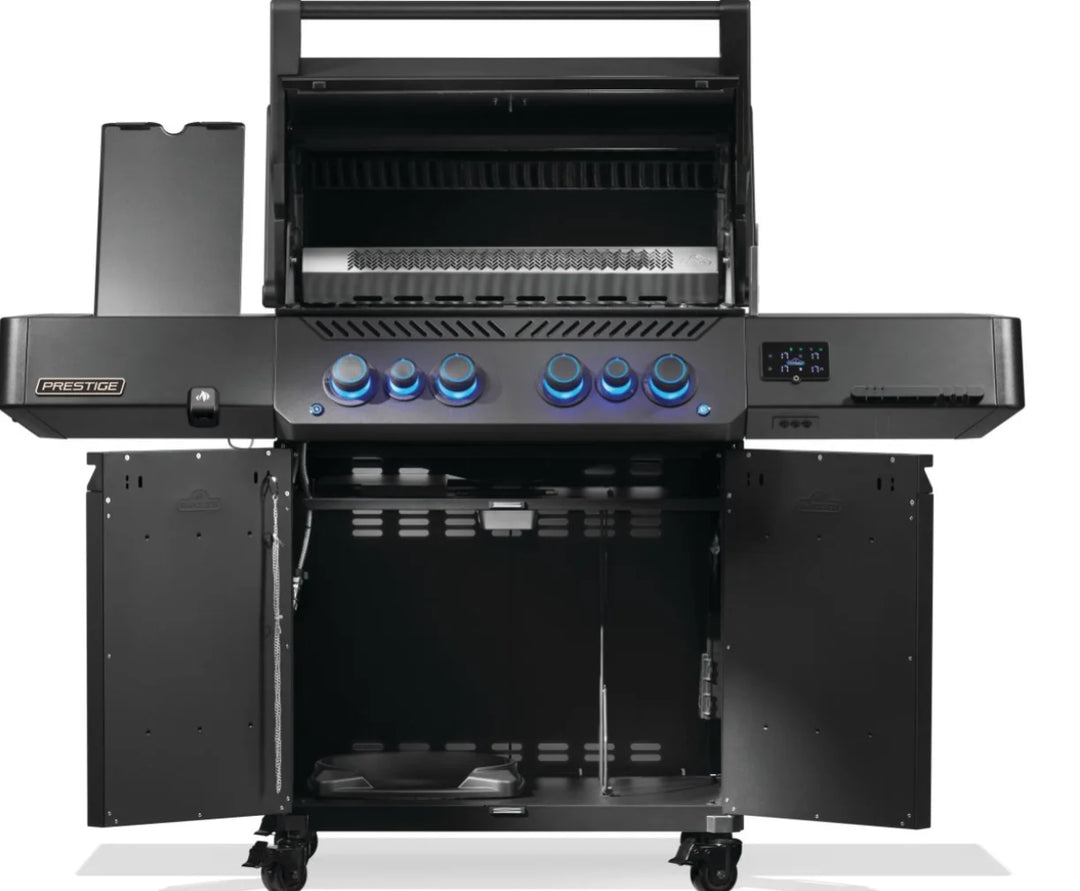 Napoleon Phantom Prestige 500 Series RSIB Gas Grill in sleek matte black finish features Wi-Fi, Bluetooth connectivity, and smart technology for advanced grilling control, paired with upgraded cast stainless steel cooking grids.