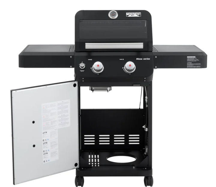Monument Grills Mesa Series M220 compact 2-burner propane gas grill, featuring black powder-coated steel frame, porcelain-coated cast iron grates, and reliable ignition system for efficient cooking performance.