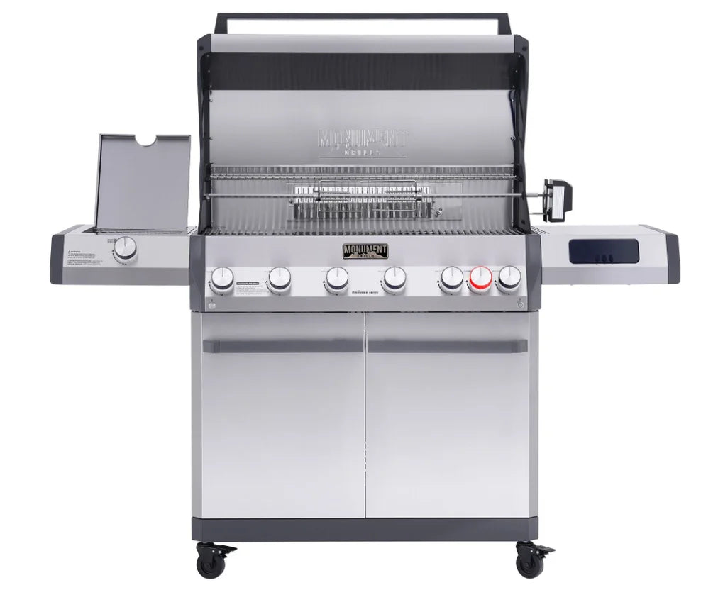 Close-up of Monument Grills Eminence Series E605 stainless steel gas grill, showcasing its sleek design, high-performance infrared rear and side sear station, and expansive cooking surface.