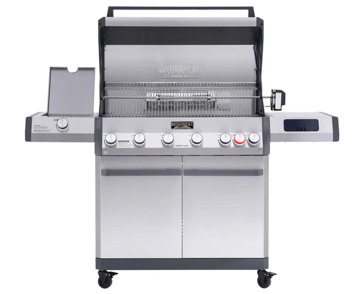 Close-up of Monument Grills Eminence Series E605 stainless steel gas grill, showcasing its sleek design, high-performance infrared rear and side sear station, and expansive cooking surface.