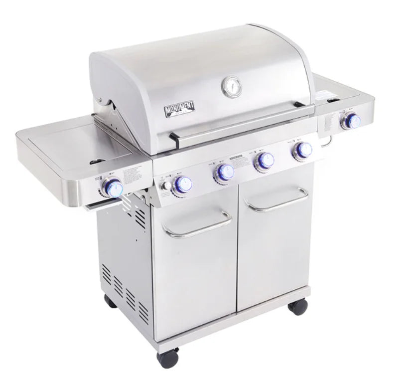 Monument Grills Classic Series 4-Burner Stainless Steel Gas Grill - Classic Series, featuring four main stainless-steel burners producing 72,000 BTU and 723 sq in of cooking space with side burner, sear zone, LED backlit control knobs, and electronic ignition system.