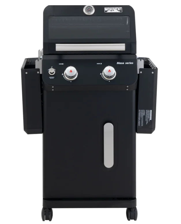 Monument Grills "M220" Gas Grill - Mesa Series: A sleek, compact, 2-burner black powder-coated propane gas grill designed for small patios, decks, or balconies, featuring powerful heat output, durable construction, and modern design with rounded corners.
