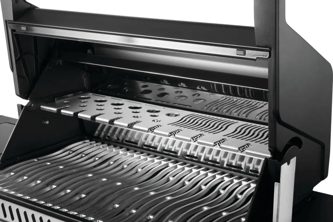 Napoleon Phantom Prestige 500 Series RSIB Gas Grill: Sleek matte black finish, Wi-Fi connectivity, Bluetooth control, high-performance grilling, pro-level features, smart temperature monitoring and alerts, large infrared rear rotisserie burner and side burner, cast stainless steel cooking grids.