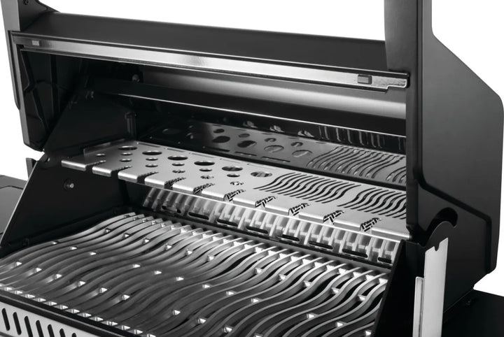 Napoleon Phantom Prestige 500 Series RSIB Gas Grill: Sleek matte black finish, Wi-Fi connectivity, Bluetooth control, high-performance grilling, pro-level features, smart temperature monitoring and alerts, large infrared rear rotisserie burner and side burner, cast stainless steel cooking grids.
