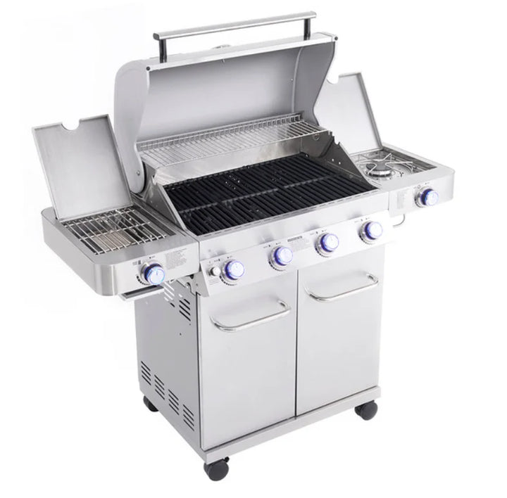 Monument Grills Classic Series 4-Burner Stainless Steel Gas Grill featuring four main stainless-steel burners, side burner, sear zone, and LED-lit control knobs for powerful performance and durability.