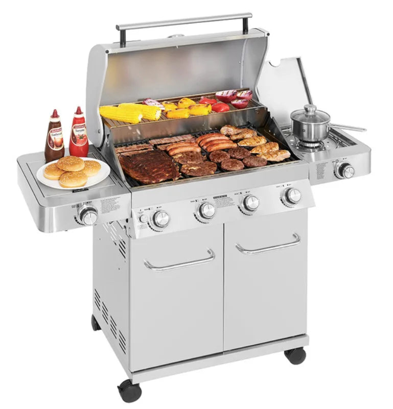 Monument Grills Classic Series 4-Burner Propane Gas Grill - Stainless Steel Design with Polished Finish, Four Main Burners, Side Burner, and Sear Zone for Powerful Cooking Performance.