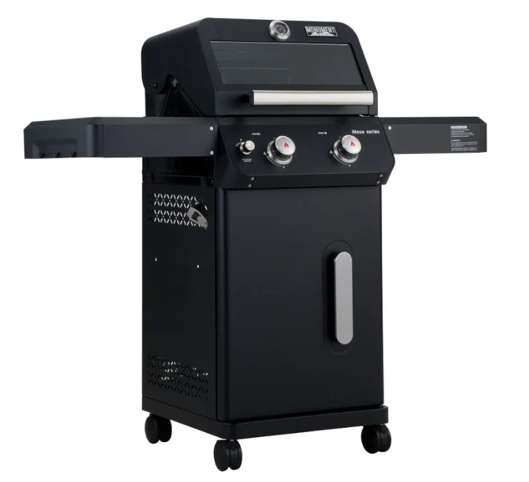 Monument Grills Mesa Series M220 gas grill, compact 2-burner design with durable black powder-coated steel frame, delivering up to 30,000 BTUs for efficient grilling performance.