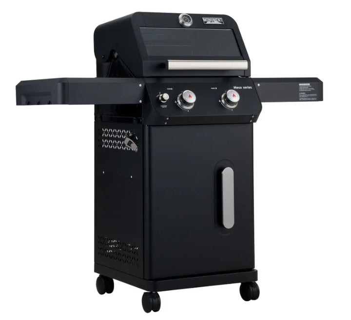 Monument Grills Mesa Series M220 gas grill, compact 2-burner design with durable black powder-coated steel frame, delivering up to 30,000 BTUs for efficient grilling performance.