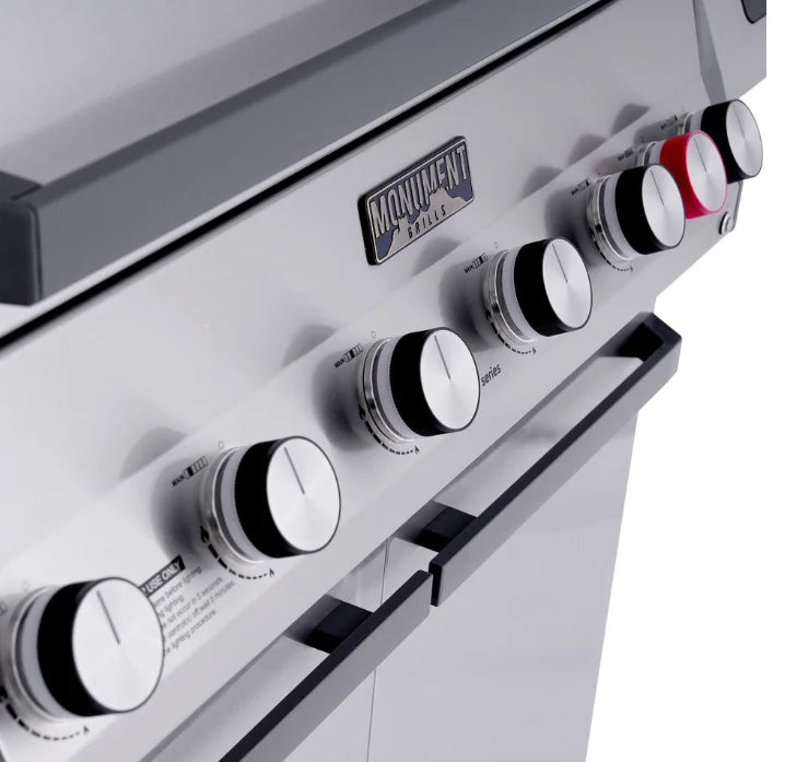 Monument Grills Eminence Series E605 Gas Grill - High-performance stainless steel BBQ with infrared rear and side sear stations, full Blaze Zone cooking system, and 640+ sq. in. of cooking surface.