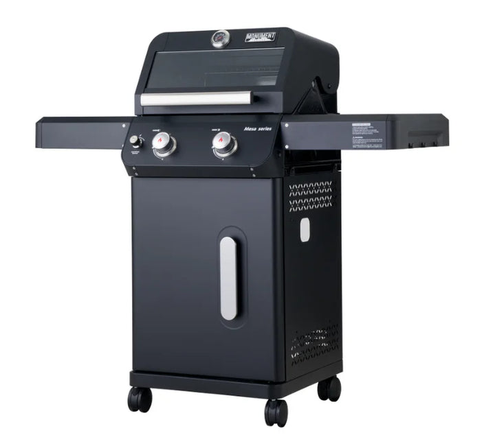 Monument Grills Mesa Series M220 Gas Grill - Compact 2-Burner Black Powder-Coated Propane Grill for Small Patios and Decks with 30,000 BTU Heat Output and Porcelain-Coated Cast Iron Grates.