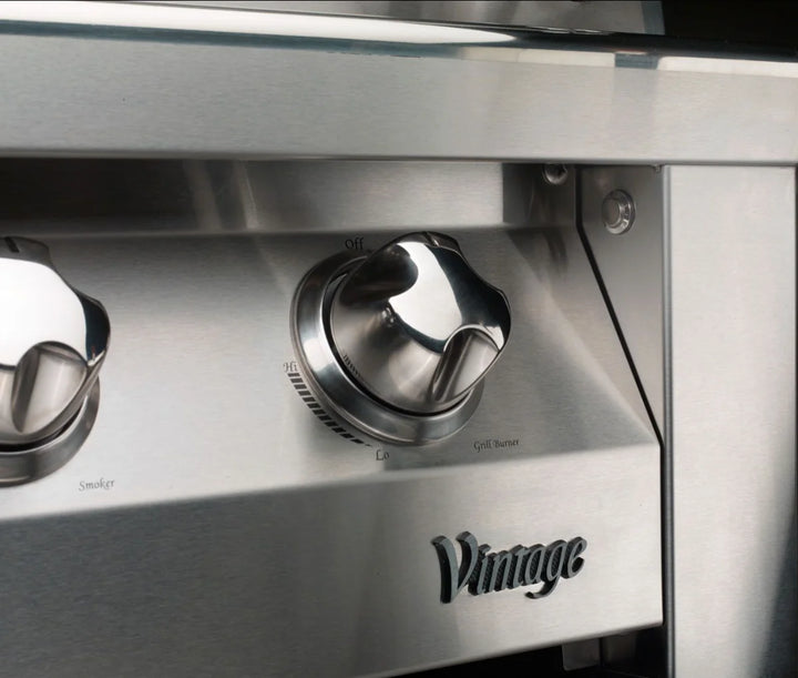Vintage Grills 42" Freestanding Gas Grill on Standard Cart, featuring heliarc-welded stainless steel construction, 3 powerful burners, smoker system, and integrated rotisserie for versatile outdoor cooking.