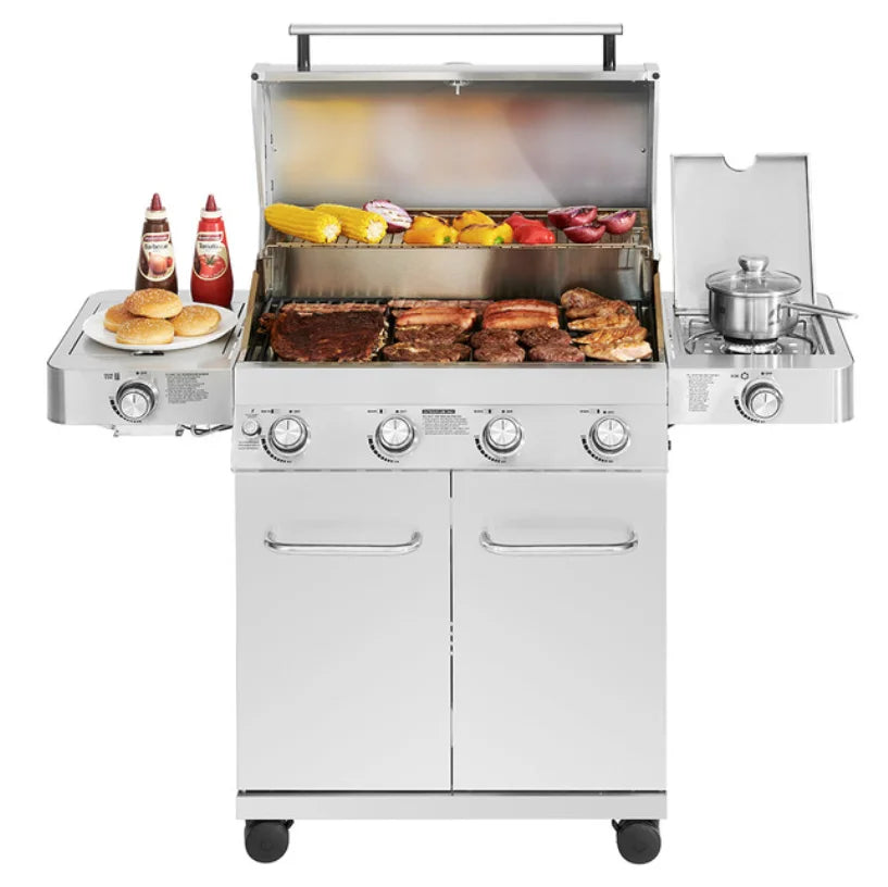 Monument Grills Classic Series 4-Burner Stainless Steel Gas Grill - Powerful outdoor cooking station featuring four main stainless-steel burners, side burner, and sear zone for optimal grilling performance.