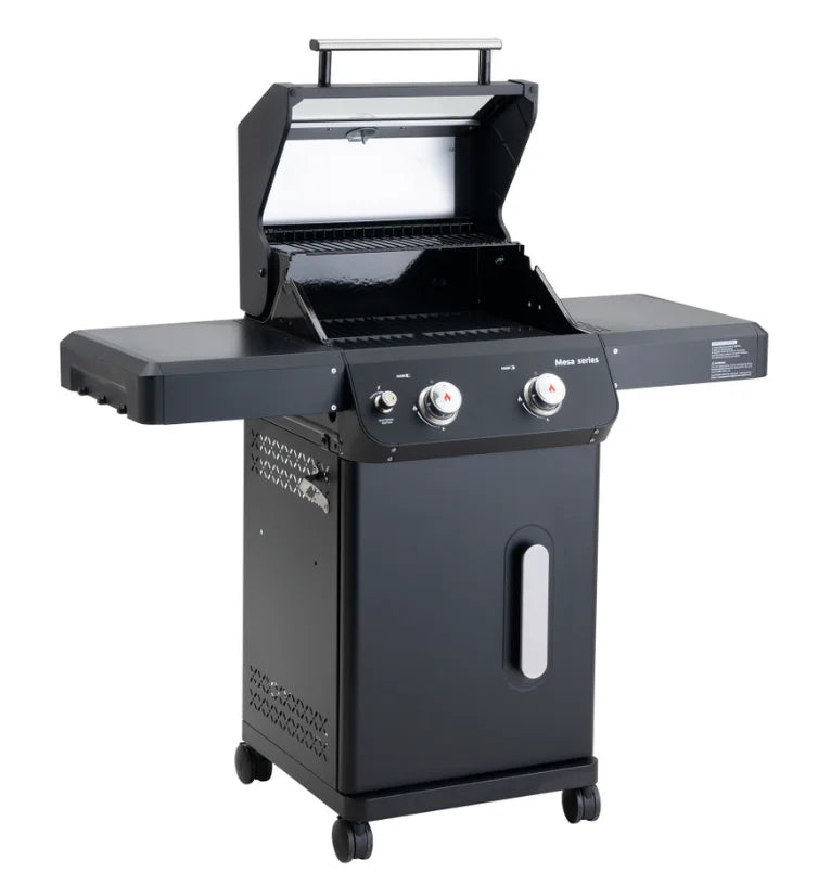 Monument Grills Mesa Series M220 gas grill features sleek black powder-coated steel design, compact 2-burner configuration, and powerful 30,000 BTU heat output for efficient grilling performance.