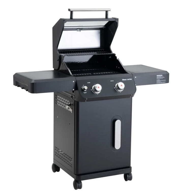 Monument Grills Mesa Series M220 gas grill features sleek black powder-coated steel design, compact 2-burner configuration, and powerful 30,000 BTU heat output for efficient grilling performance.