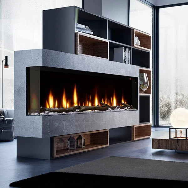 Dimplex IgniteXL Bold 74" Smart Linear Multi-Side View Built-In Electric Fireplace featuring a patented mirror effect, flexible installation options, and customizable flame display with three colors.