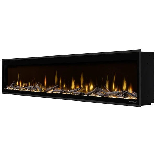 Dimplex 100" Ignite Evolve Built-in Linear Electric Fireplace features Multi-Fire XD flame technology, frameless design, customizable lighting, and vibrant tumbled glass media bed for an immersive, panoramic flame experience with supplemental heat up to 1,000 sq. ft.