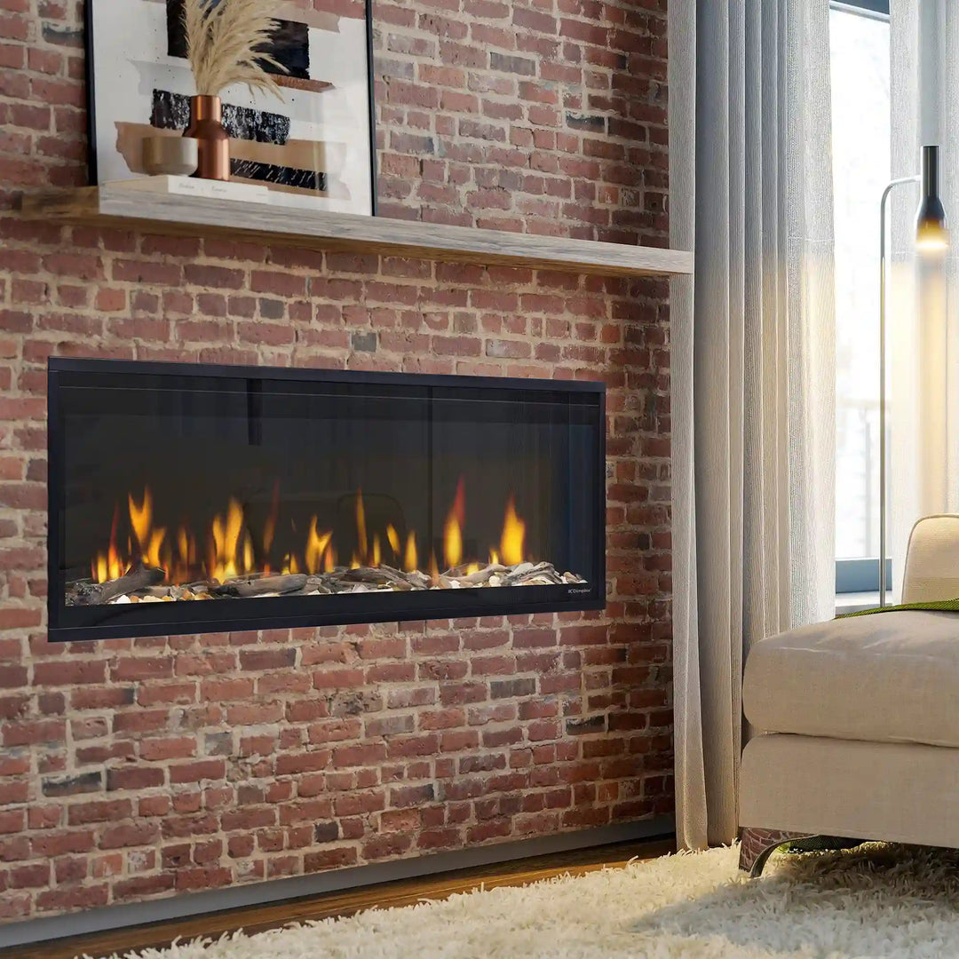 Dimplex 50" Ignite Evolve Built-in Electric Fireplace featuring Multi-Fire XD flame technology, frameless edge-to-edge glass, and customizable ambiance with premium media bed and mood lighting options.