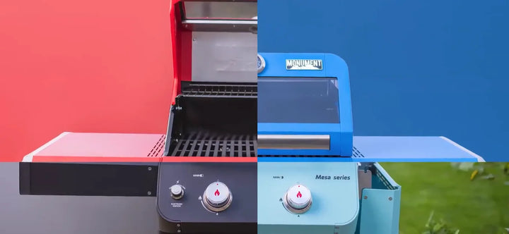 Monument Grills Mesa Series M200R Heartbeats Edition Red Gas Grill: A compact, powerful, 2-burner propane gas grill with a bold red powder-coated finish and porcelain-coated cast iron grates for even heat distribution and easy cleanup.