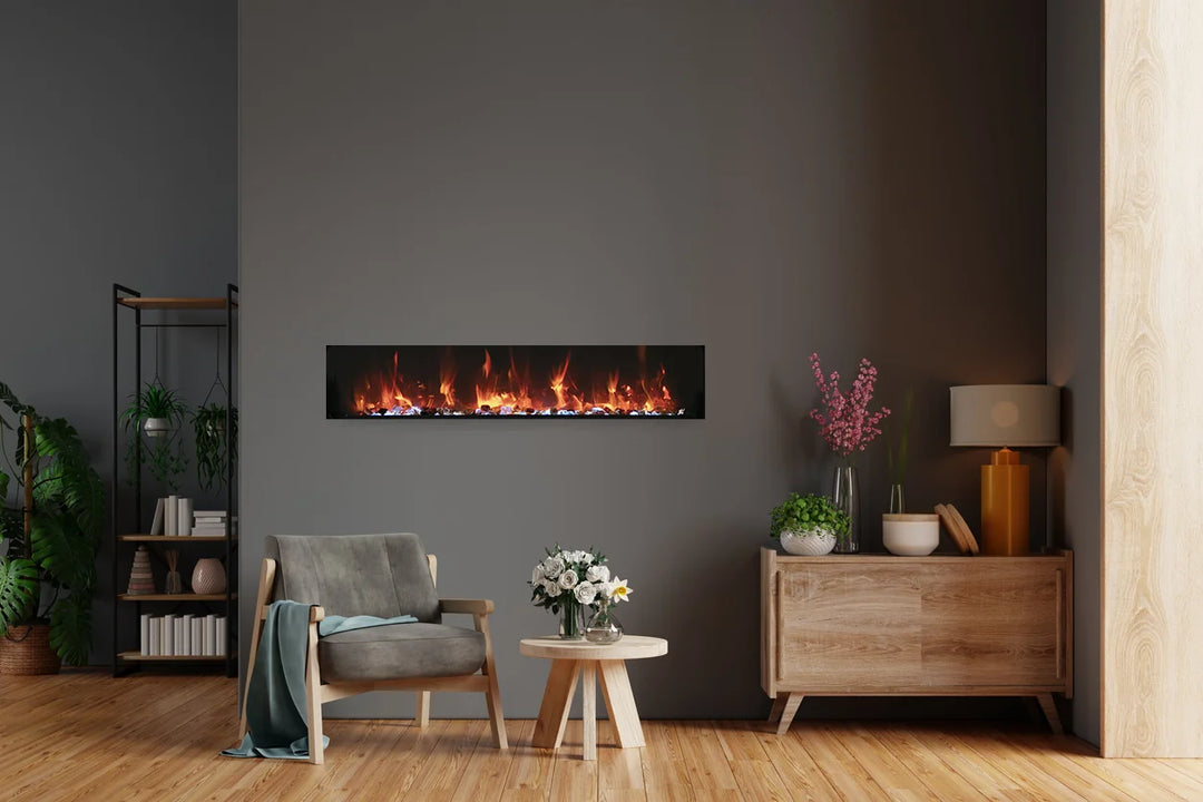 Remii Extra Slim Electric Fireplace features vibrant multi-colored flames, changeable with remote control from red, yellow, or orange hues, in a sleek 4-inch deep design.