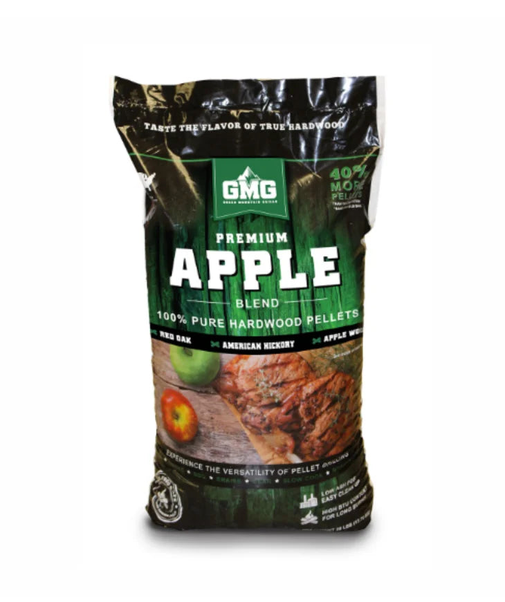 Premium Apple Blend Wood Pellets - 28 lb Bag: A rich blend of Apple Wood, American Hickory, and Red Oak for balanced, gentle smoke.