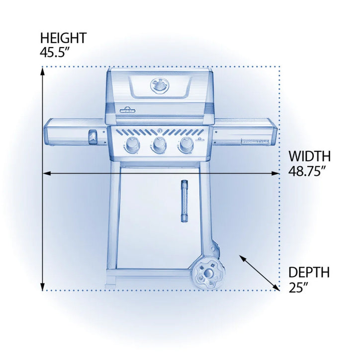 Napoleon 20" Freestyle 365 Gas Grill: Compact natural gas grill with porcelainized cast iron cooking grids, JETFIRE ignition, and 33,000 BTUs of power across three stainless steel burners.