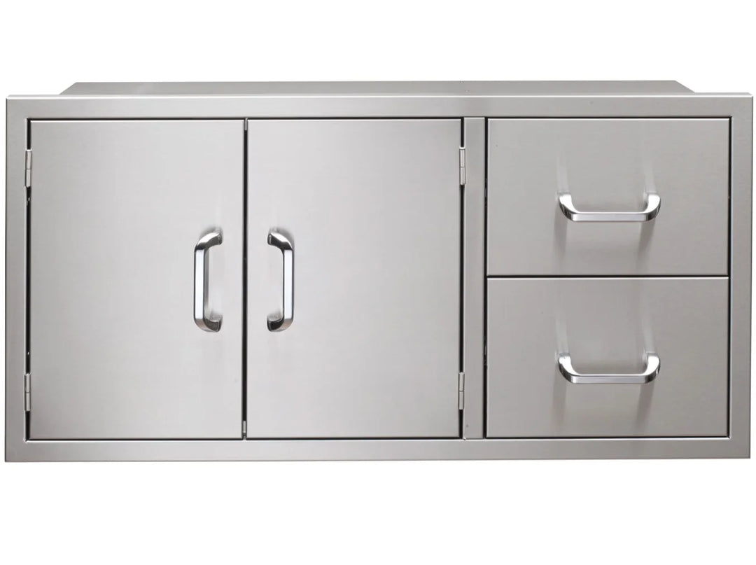 Vintage Grills 42-Inch Enclosed Double Door & Drawer Combo Pantry, stainless steel construction with two double-lined doors and two smooth-glide drawers for organized outdoor kitchen storage.