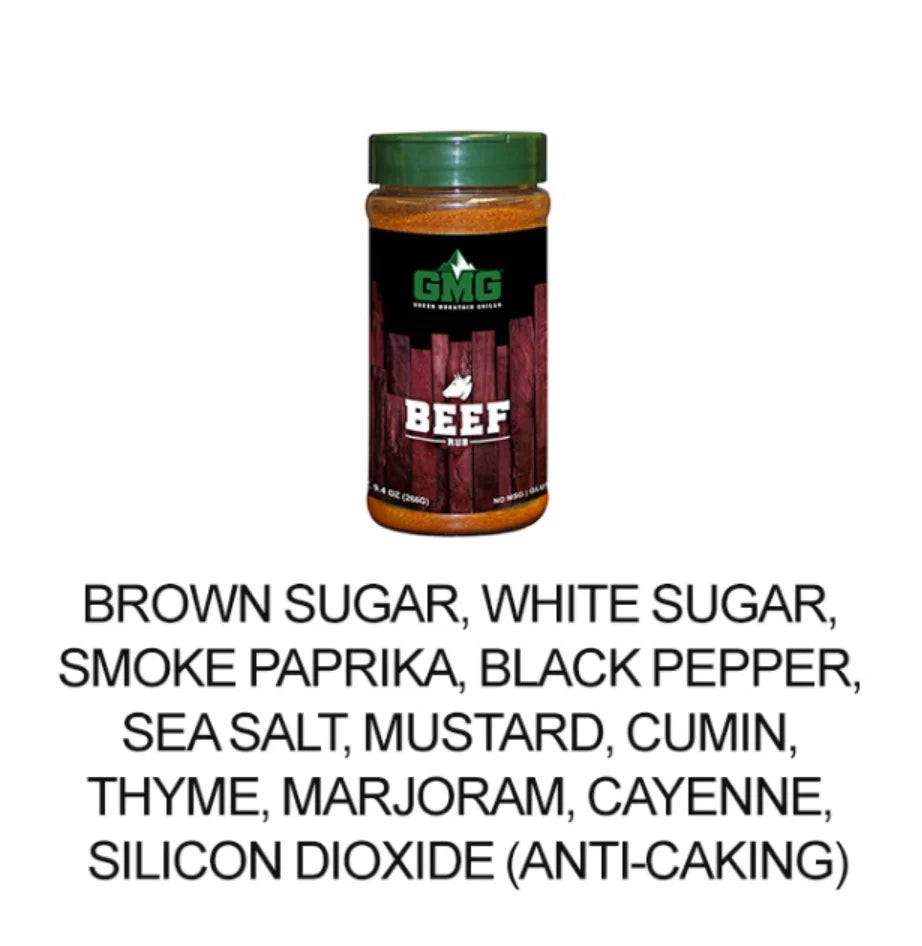 Green Mountain Grills Beef Dry Rub adds championship-level flavor to steaks, roasts, burgers, and brisket with a bold mix of smoked paprika, mustard, cayenne, and aromatic herbs.