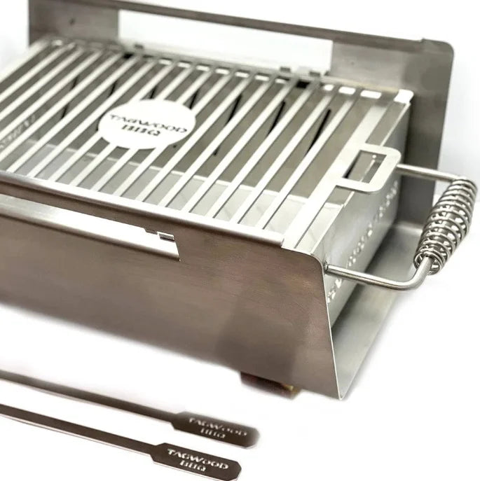 Tagwood Table Top Warming Brazier crafted from durable 304 stainless steel and elegant acacia wood, featuring a spacious 121 sq. in. warming surface for perfectly heated dishes.