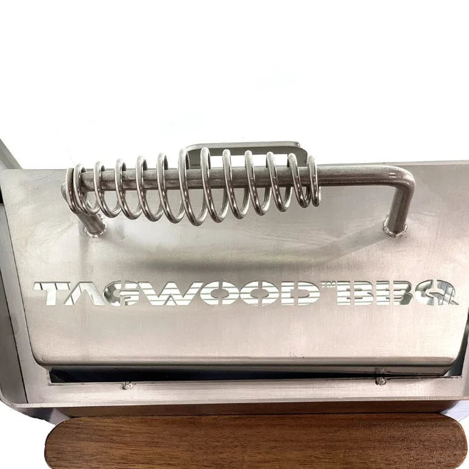 Tagwood Table Top Warming Brazier made from durable 304 stainless steel and rich acacia wood, featuring a 121 sq. in. warming surface for perfectly kept dishes.